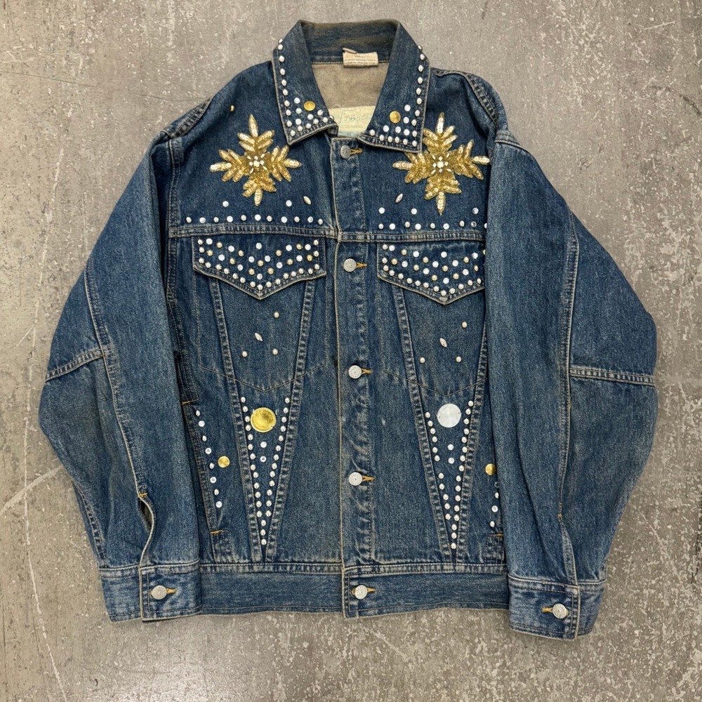 Freego Denim Jacket Mens XL Blue Good Vintage Embellished Studded Sequin Trucker